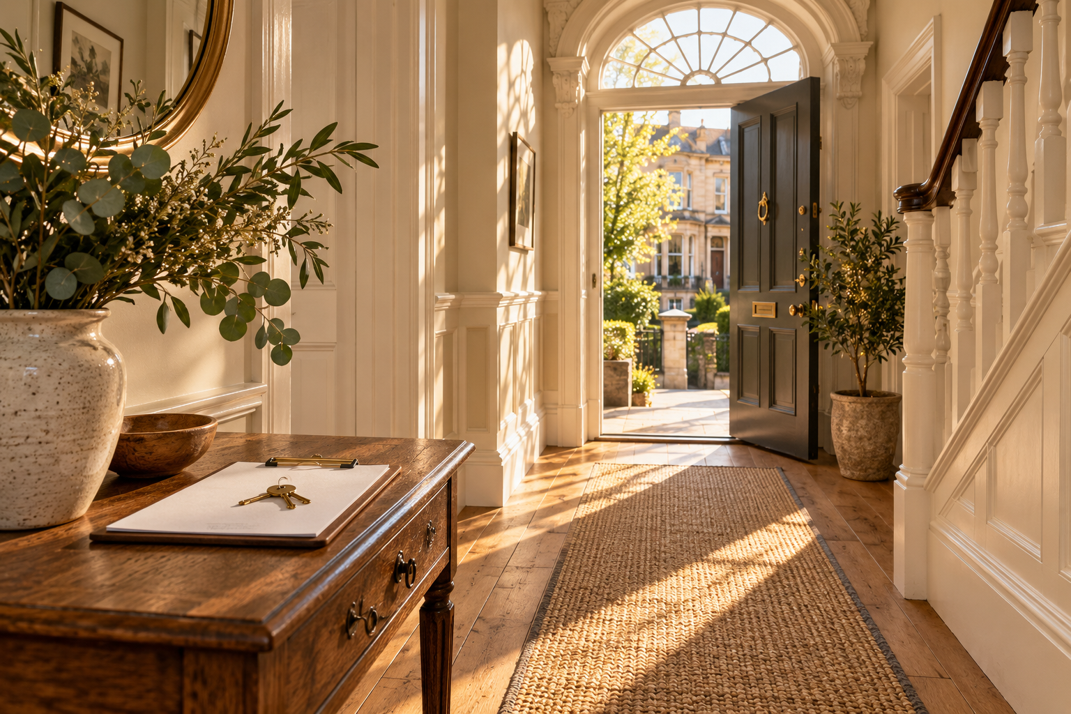 A sunlit period hallway with house keys and a clipboard on an oak console, illustrating a tenancy handover