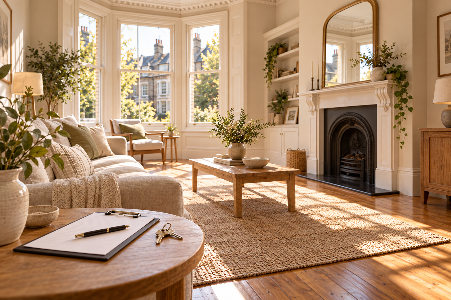 An illustrative rental living room with a clipboard and house keys ready for an inventory visit